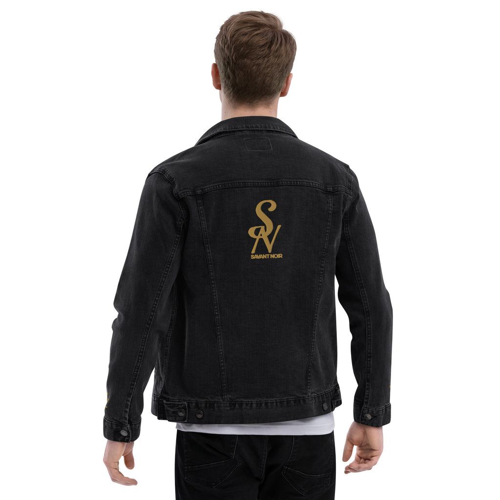 SAVANT NOIR luxury black denim jacket with gold logo on the back worn by a male model from rear view