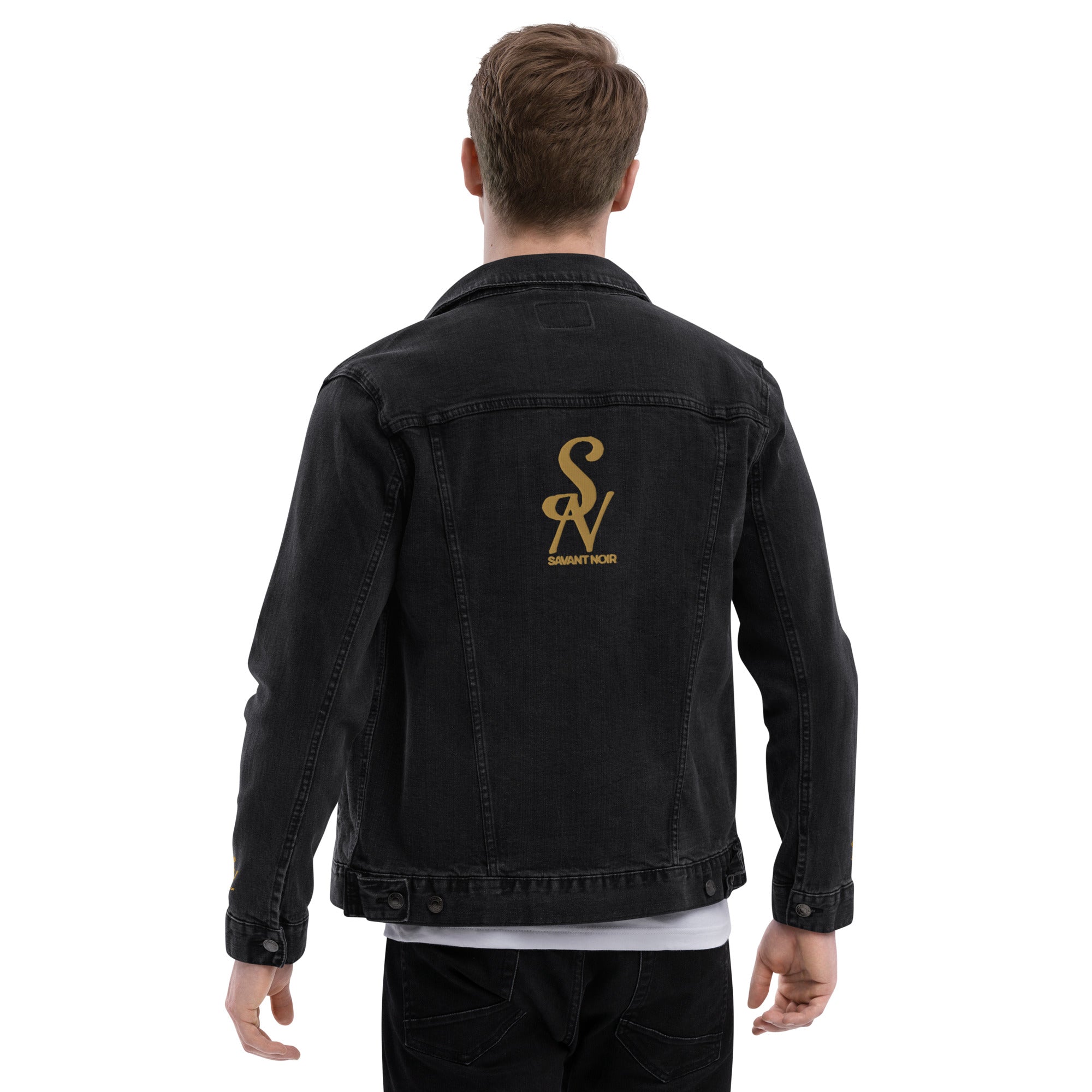 SAVANT NOIR luxury black denim jacket with gold logo on the back worn by a male model from rear view