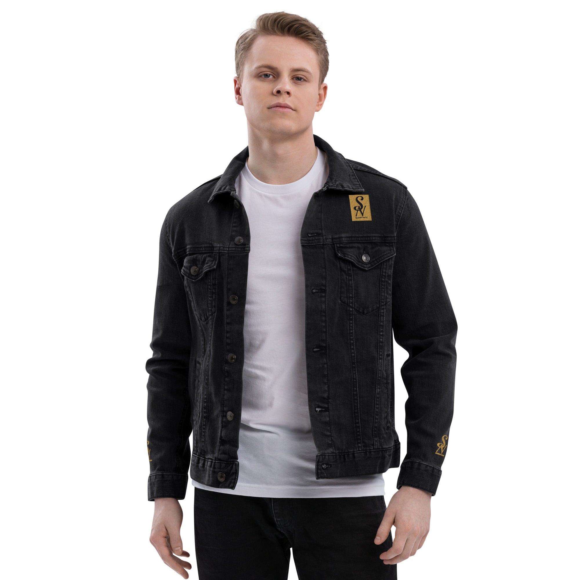 Man wearing luxury black denim jacket by SAVANT NOIR with button closure and chest pockets