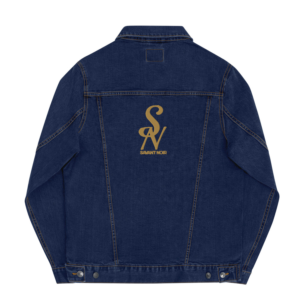 SAVANT NOIR luxury black denim jacket with gold logo embroidered on the back in classic style