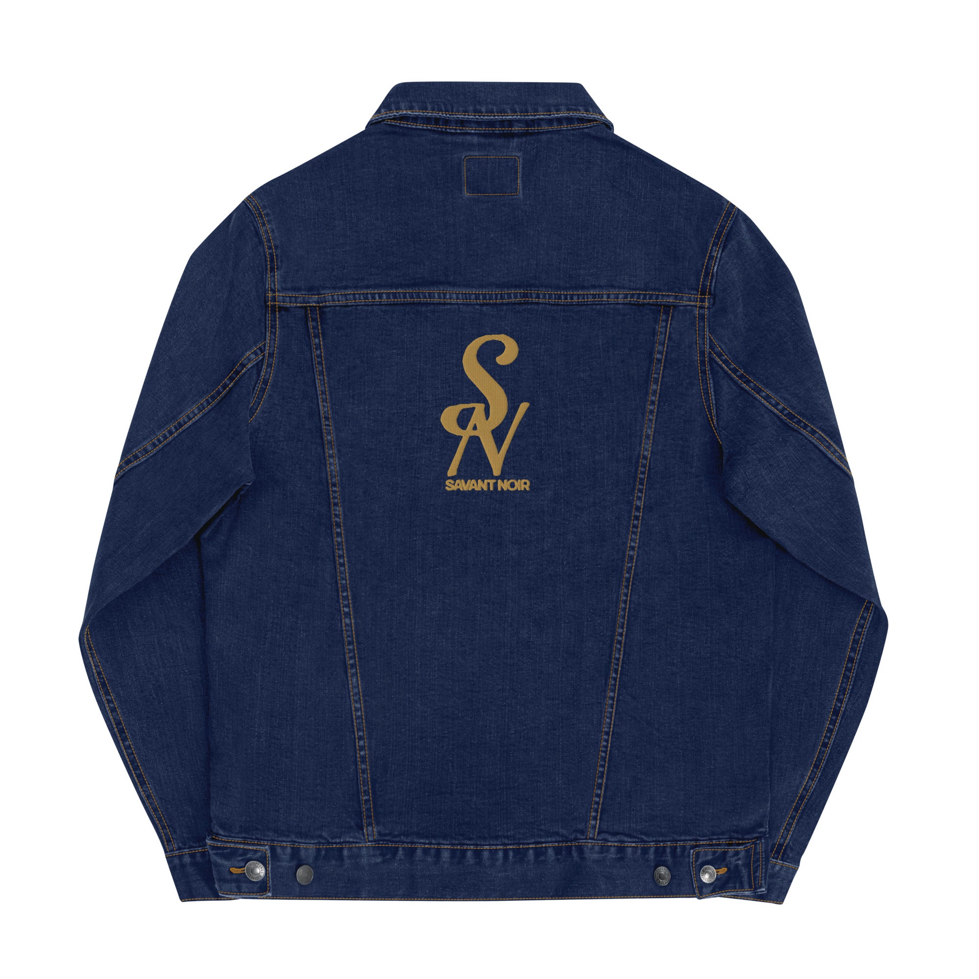 SAVANT NOIR luxury black denim jacket with gold logo embroidered on the back in classic style
