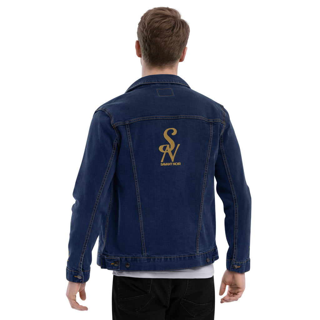 Back view of luxury black denim jacket by SAVANT NOIR worn by a male model with gold logo detail