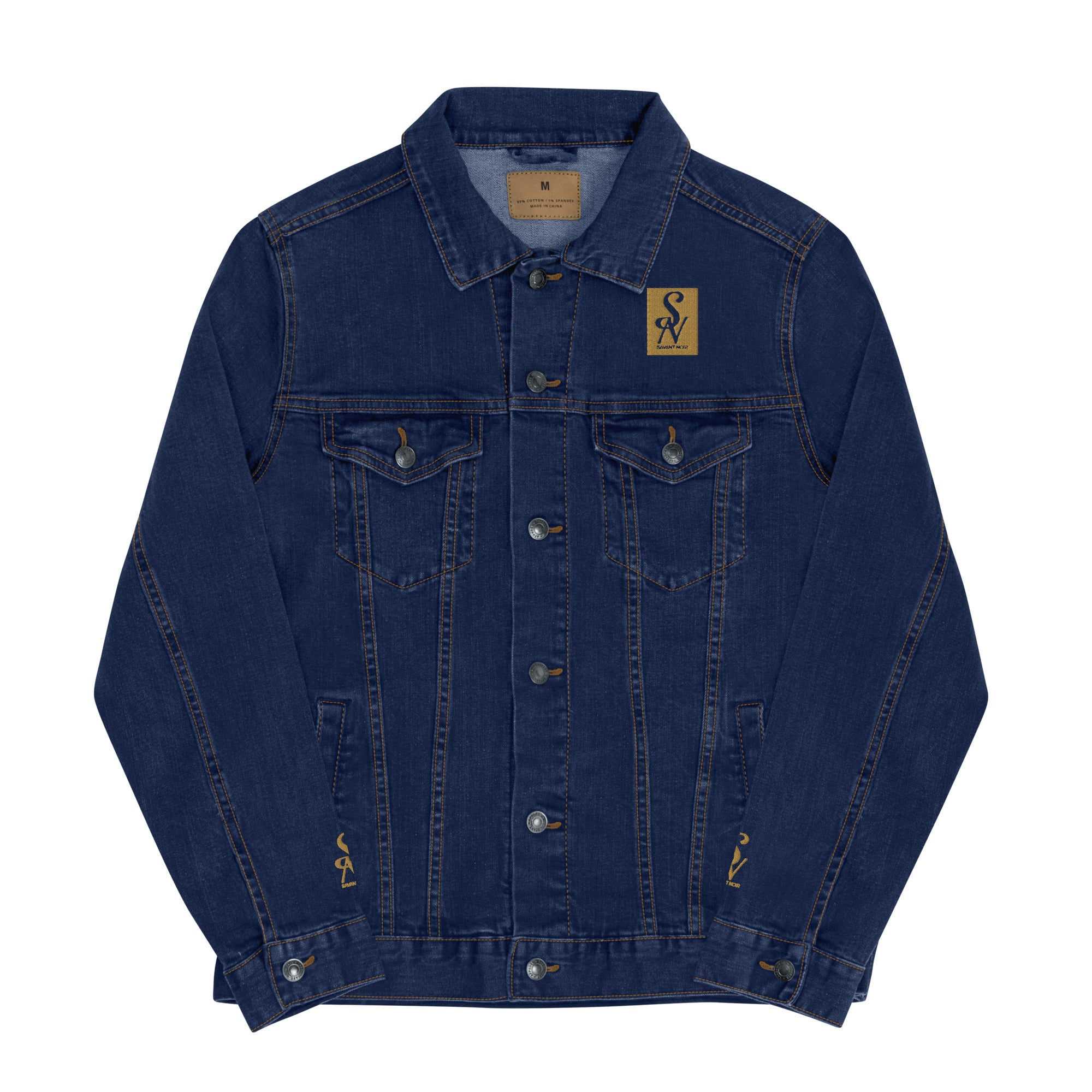 SAVANT NOIR luxury black denim jacket with button front and chest pockets in dark wash