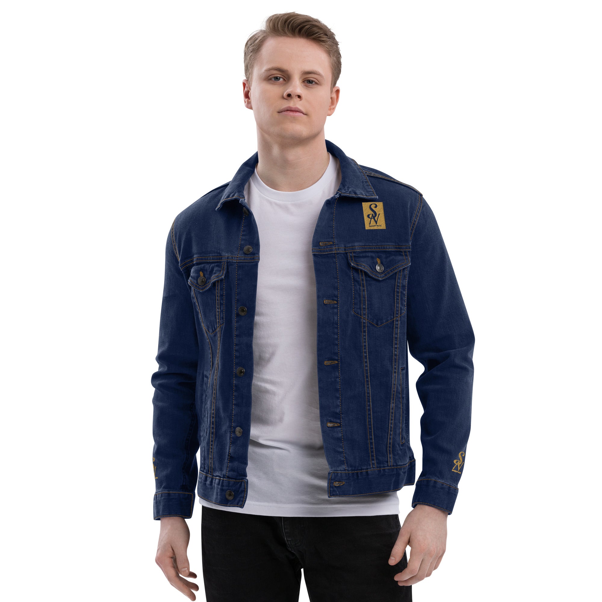 SAVANT NOIR luxury black denim jacket worn by a male model with a white t-shirt and black pants
