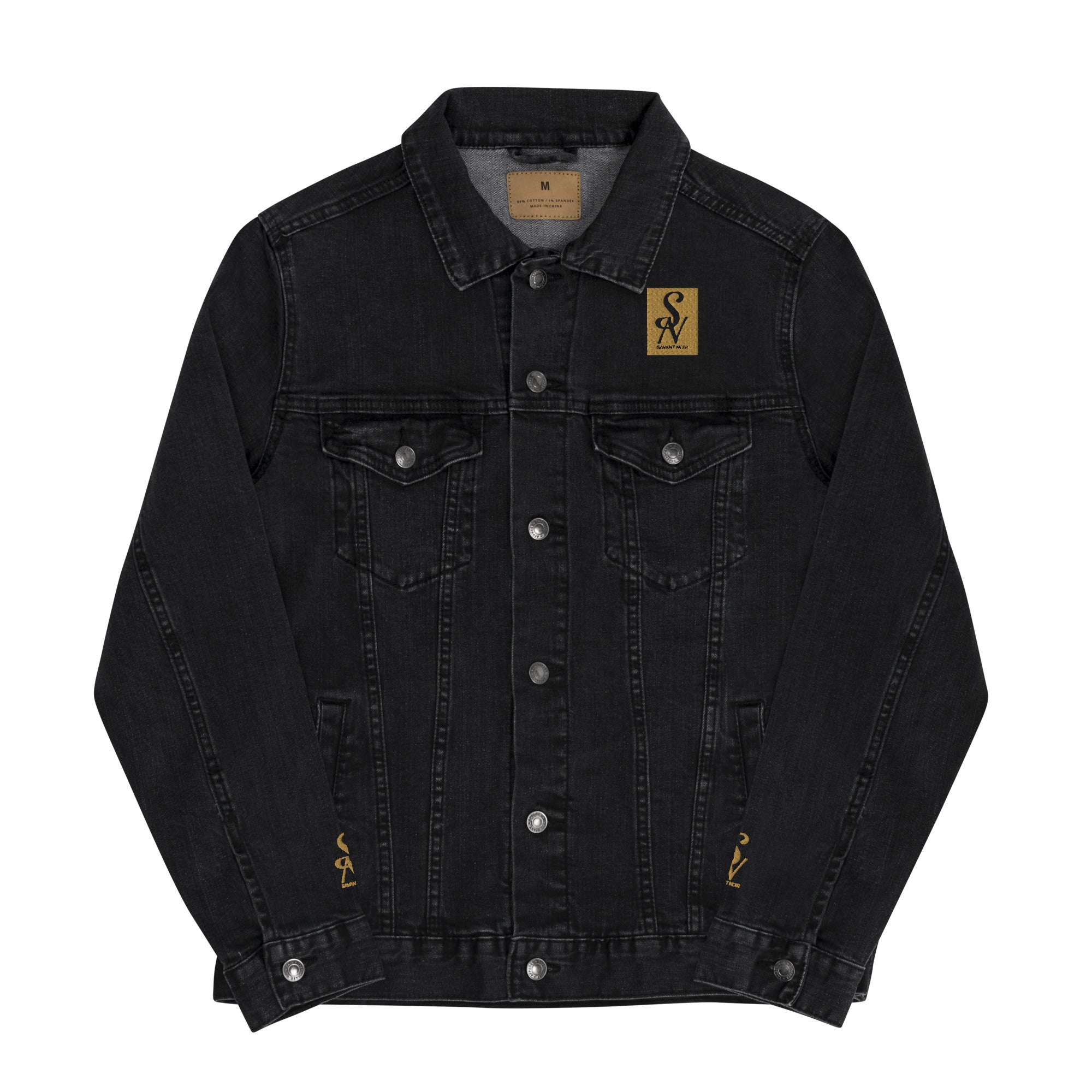 SAVANT NOIR luxury black denim jacket with button front and chest pockets