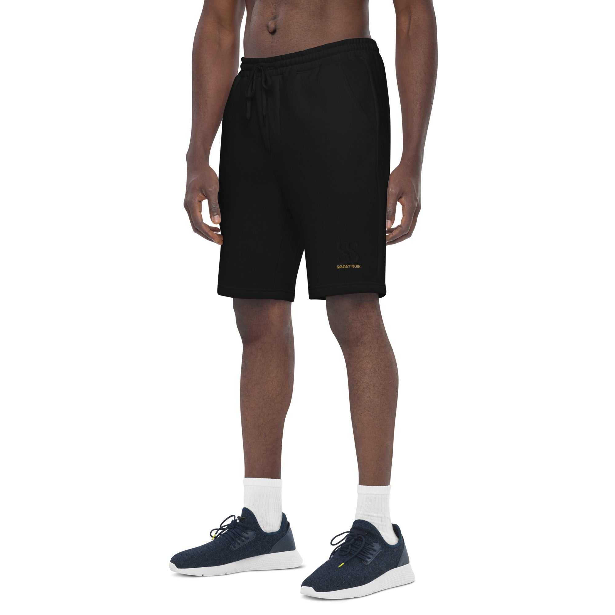 Black SAVANT NOIR luxury fleece shorts worn by male model with drawstring waist and side pockets