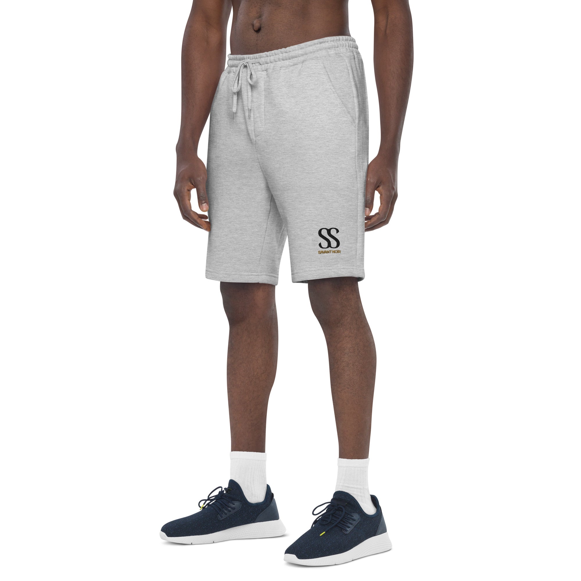 SAVANT NOIR gray luxury fleece shorts with drawstring waist and embroidered logo on leg