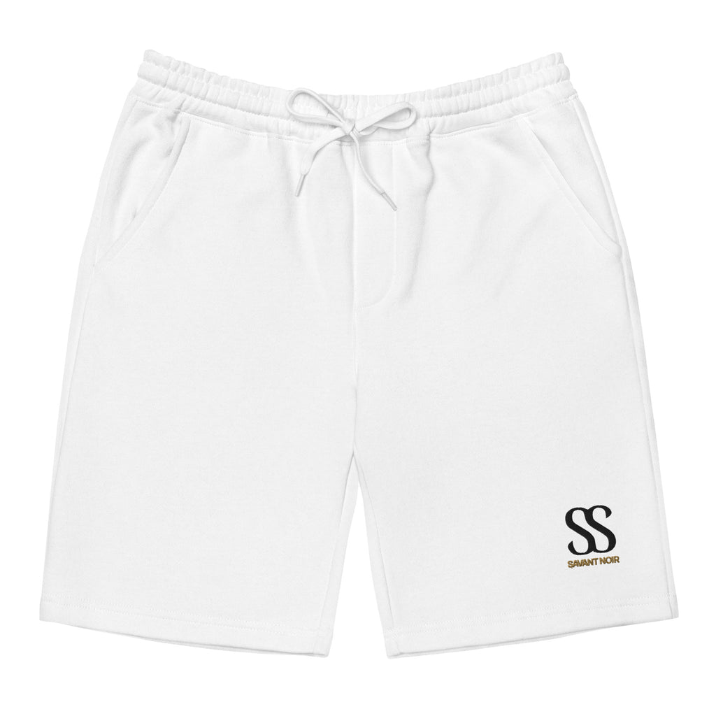 White SAVANT NOIR luxury fleece shorts with elastic waistband and drawstring closure