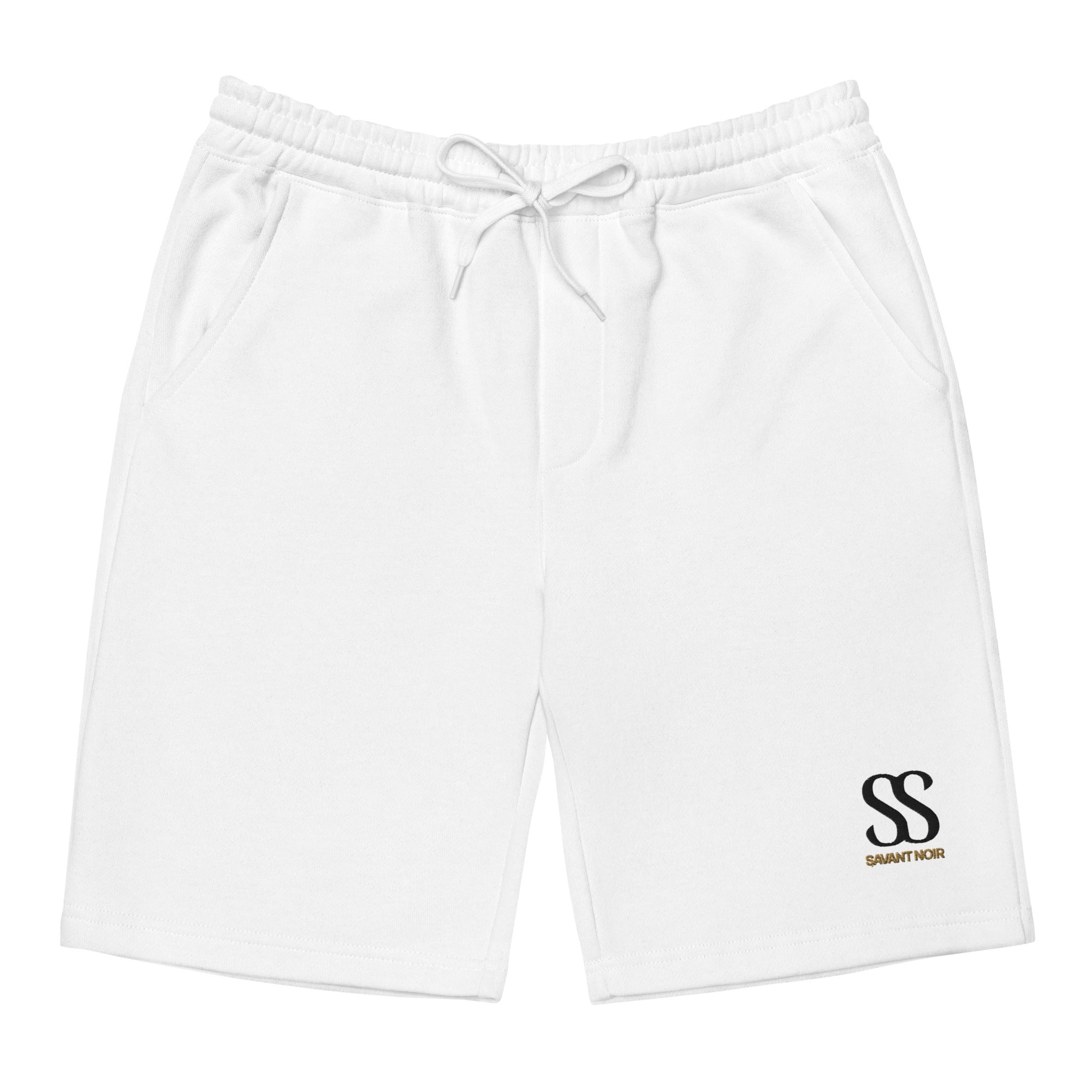 White SAVANT NOIR luxury fleece shorts with elastic waistband and drawstring closure