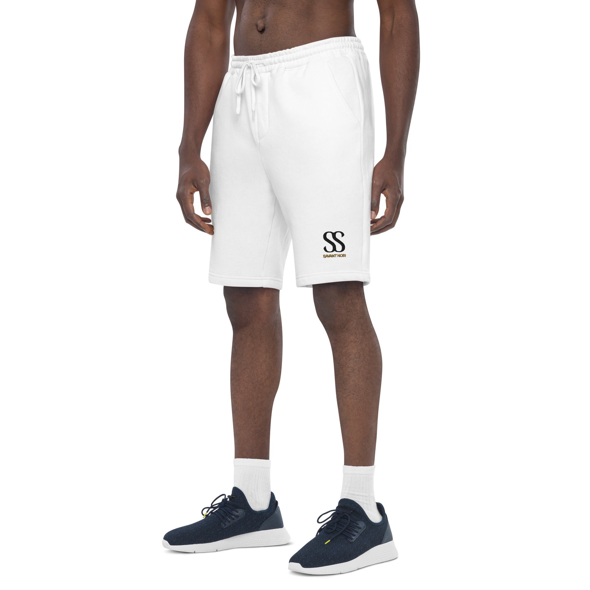 SAVANT NOIR luxury fleece shorts in white with drawstring waist and logo on left leg