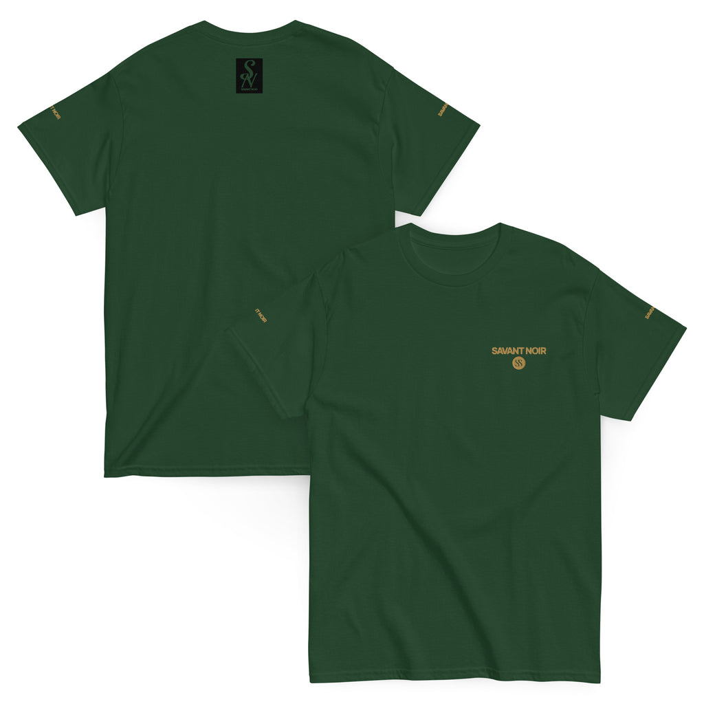 SAVANT NOIR green luxury streetwear t-shirt with gold logo on front and back