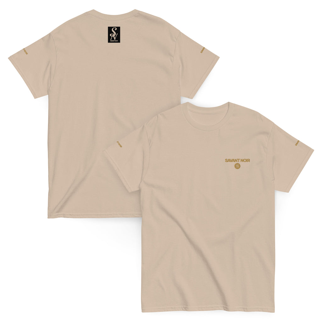 SAVANT NOIR luxury streetwear t-shirt in beige with gold logo print on front and back