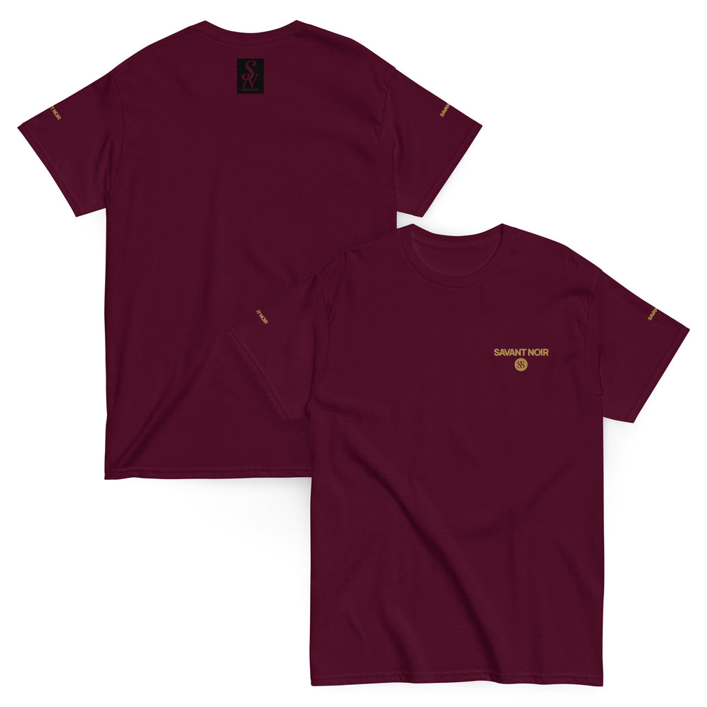 SAVANT NOIR luxury streetwear t-shirt in deep burgundy with gold logo on chest and sleeve
