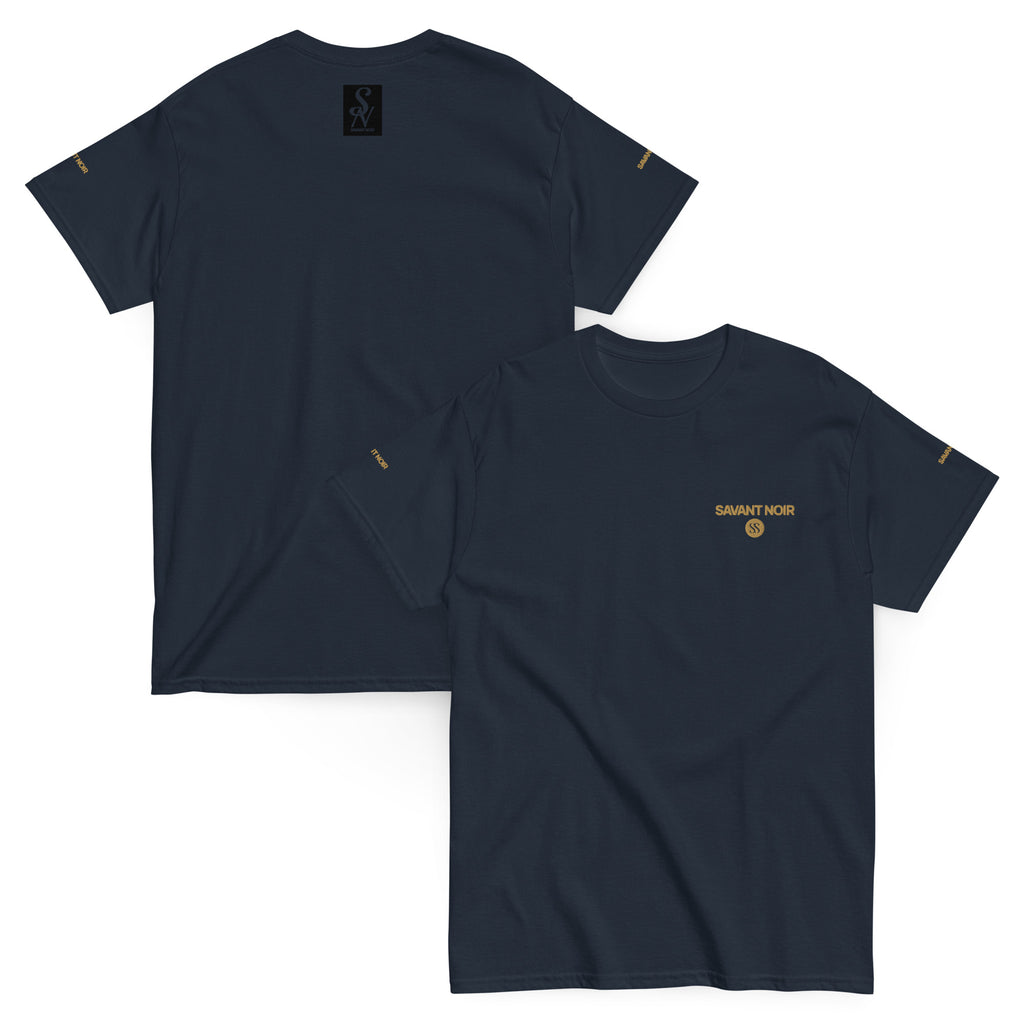SAVANT NOIR navy luxury streetwear t-shirt with gold logo on front and sleeve details
