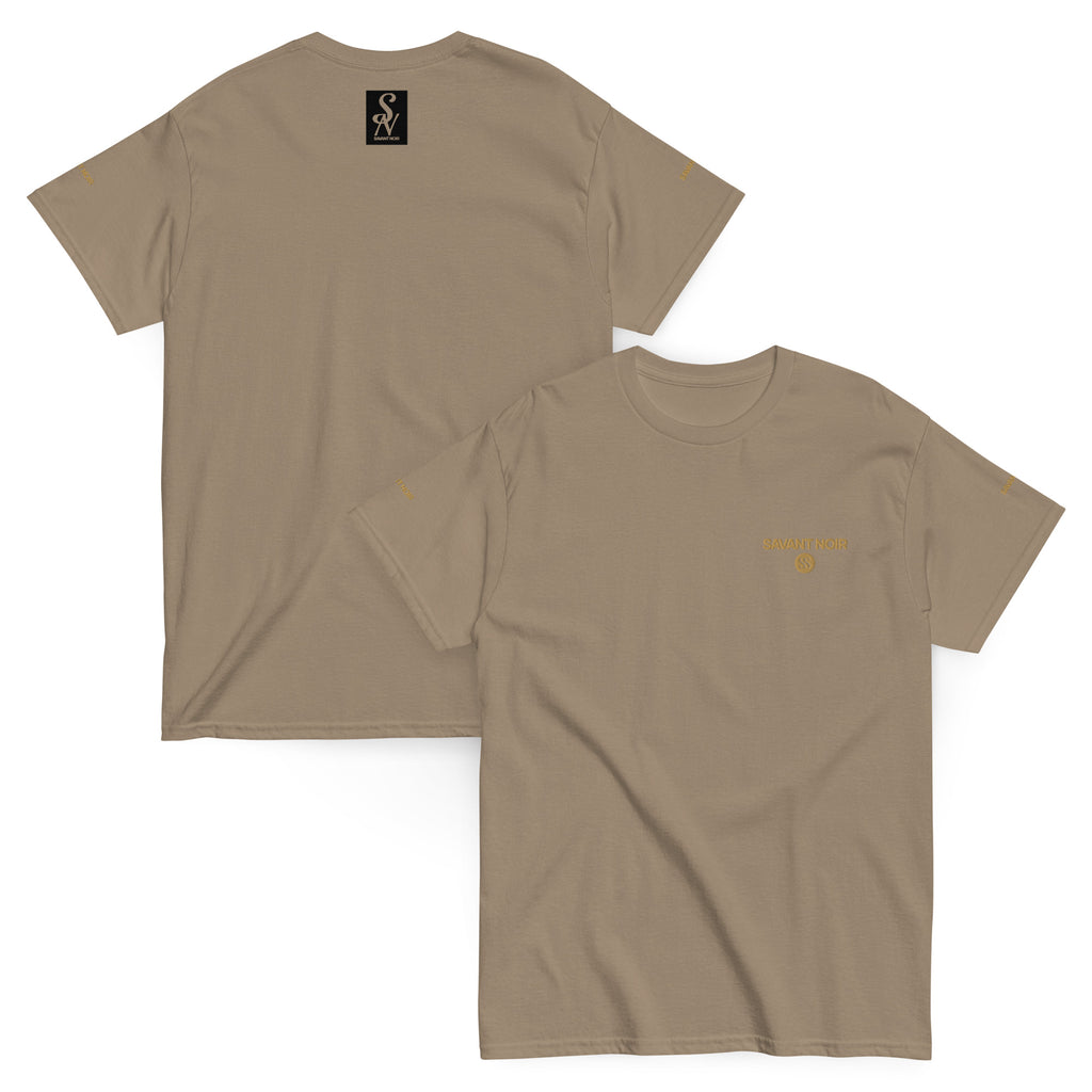SAVANT NOIR luxury streetwear t-shirt in tan with front logo and back label detail