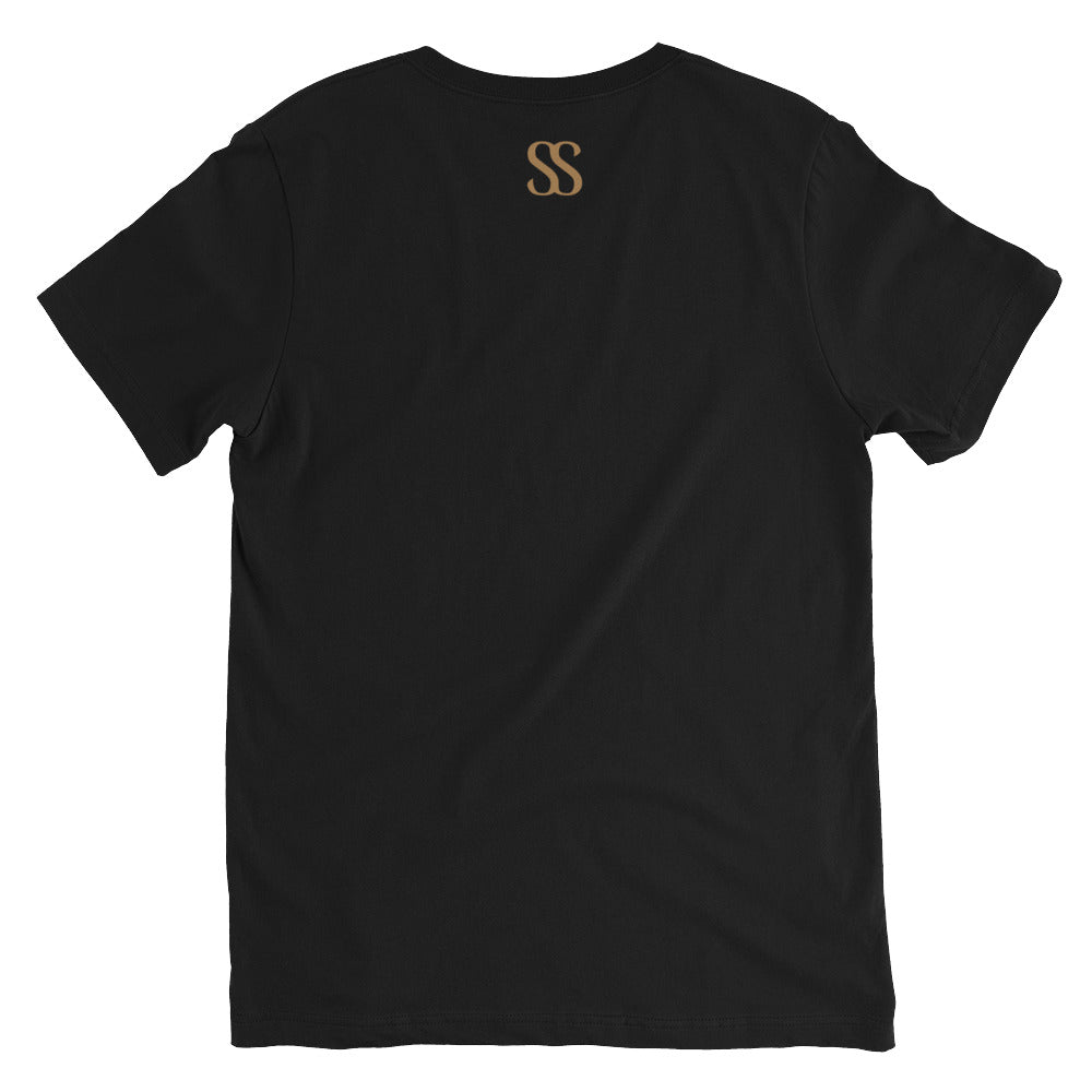 Back view of luxury black V-neck t-shirt by SAVANT NOIR with subtle gold logo on upper back