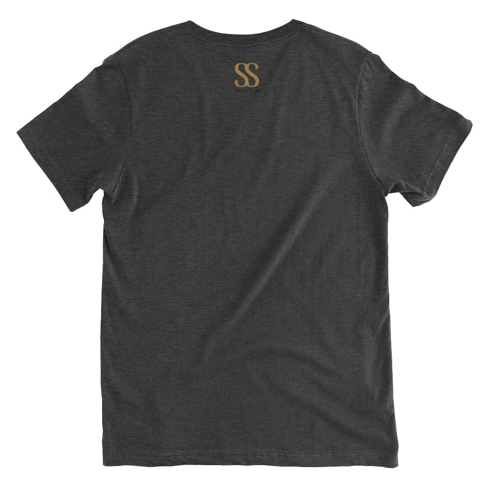 Back view of SAVANT NOIR luxury black V-neck t-shirt with short sleeves and logo detail
