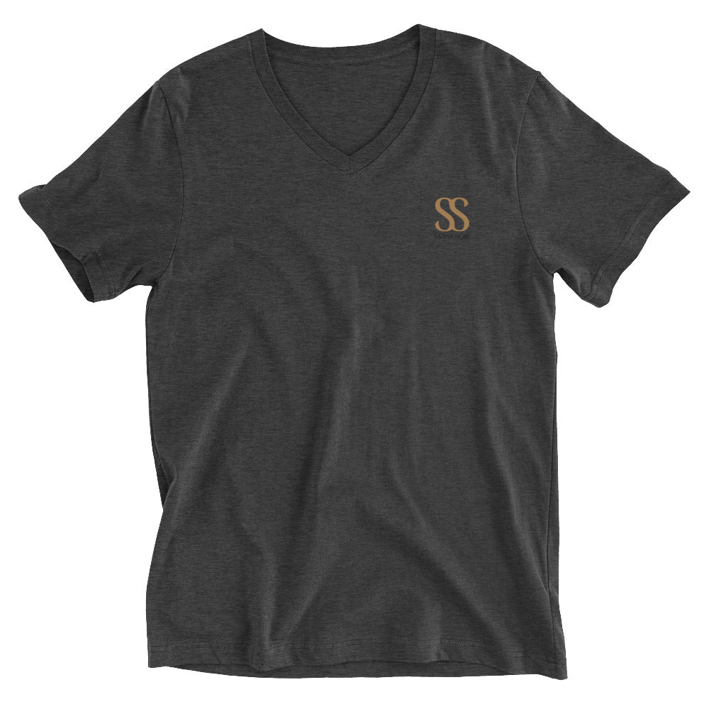 SAVANT NOIR luxury black V-neck t-shirt with minimalist gold SS logo on chest