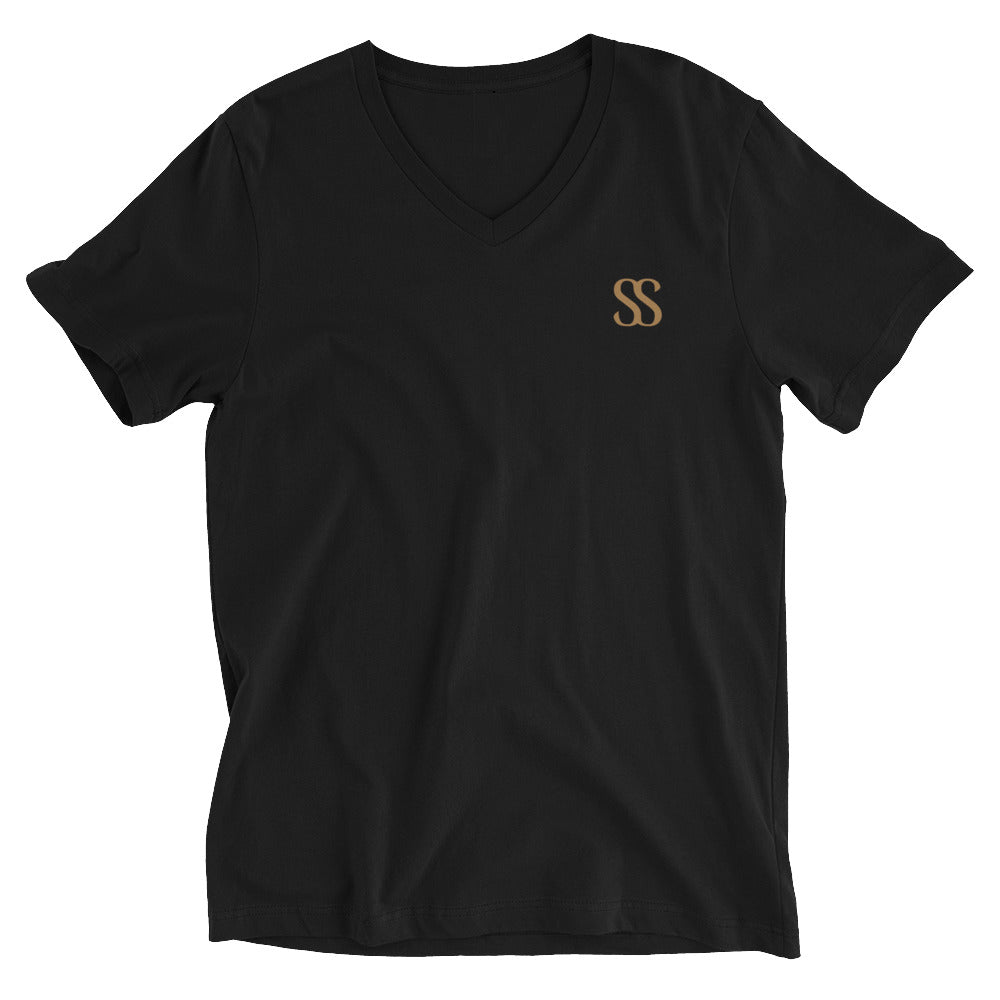 SAVANT NOIR luxury black V-neck t-shirt with gold SS logo on chest