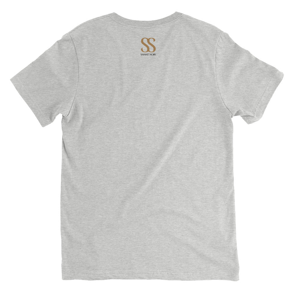 Back view of gray SAVANT NOIR t-shirt with logo, not a luxury black V-neck t-shirt