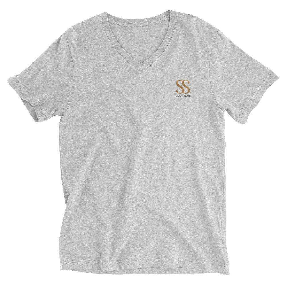 SAVANT NOIR luxury black V-neck t-shirt in light gray with small gold logo on chest