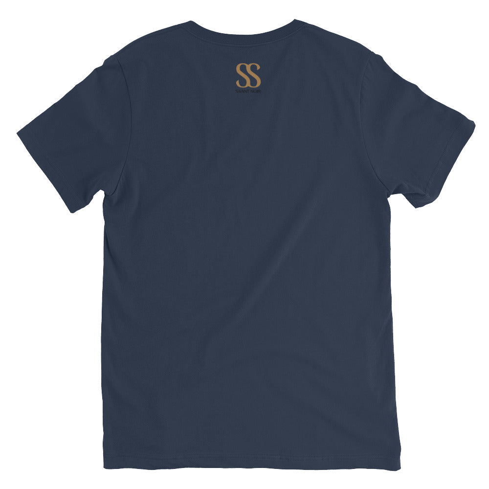 Back view of SAVANT NOIR luxury black V-neck t-shirt with gold logo print on navy fabric
