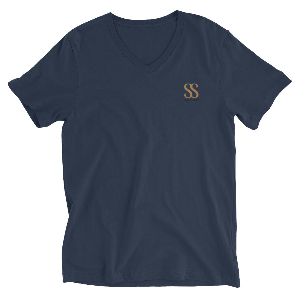 Luxury black V-neck t-shirt by SAVANT NOIR with gold SS logo on chest