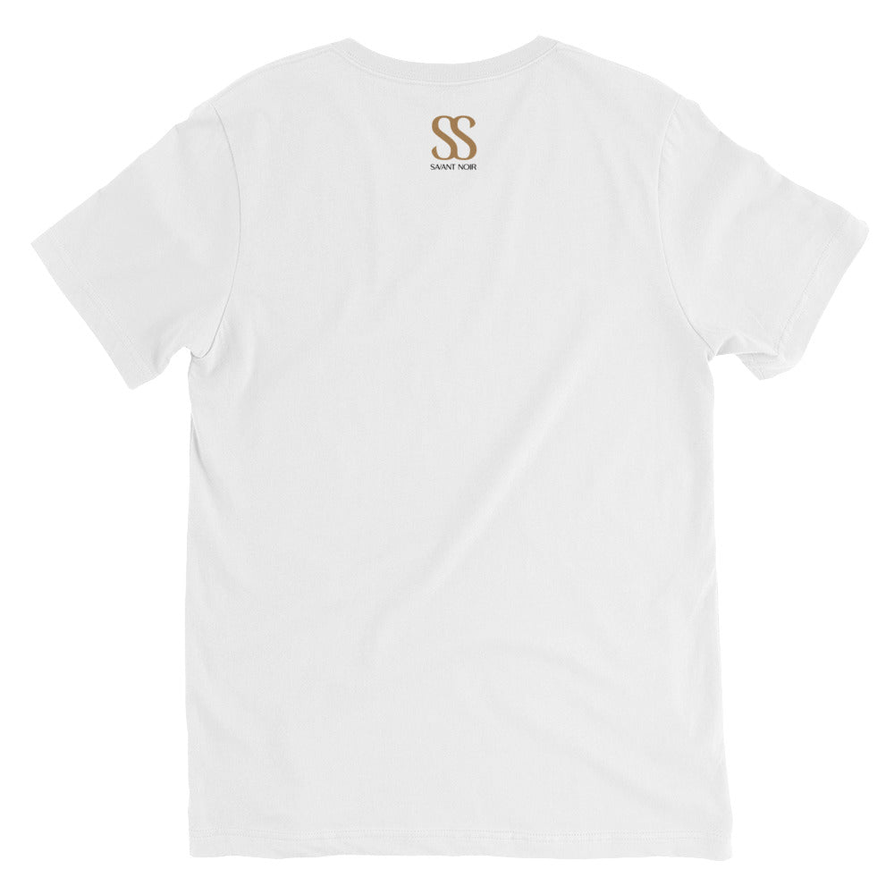 Back view of SAVANT NOIR white t-shirt featuring logo, paired with luxury black V-neck t-shirt