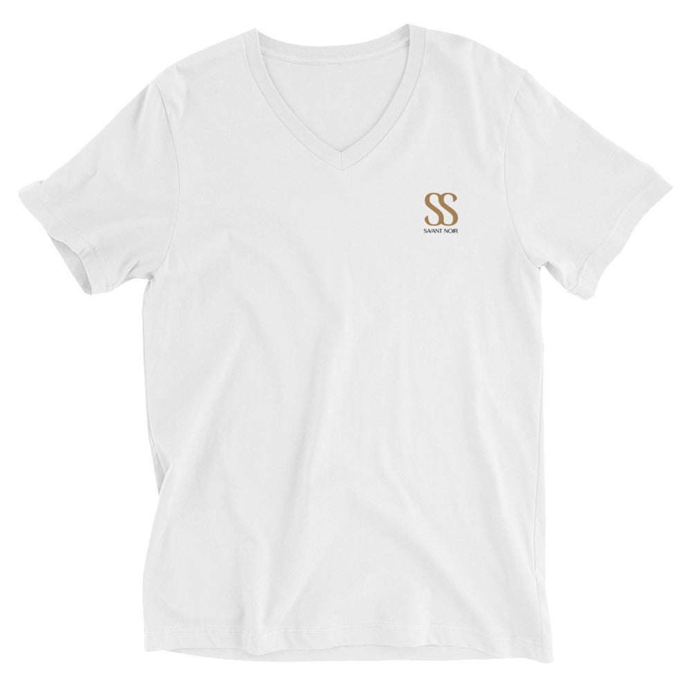 SAVANT NOIR luxury black V-neck t-shirt in white color with gold logo on chest