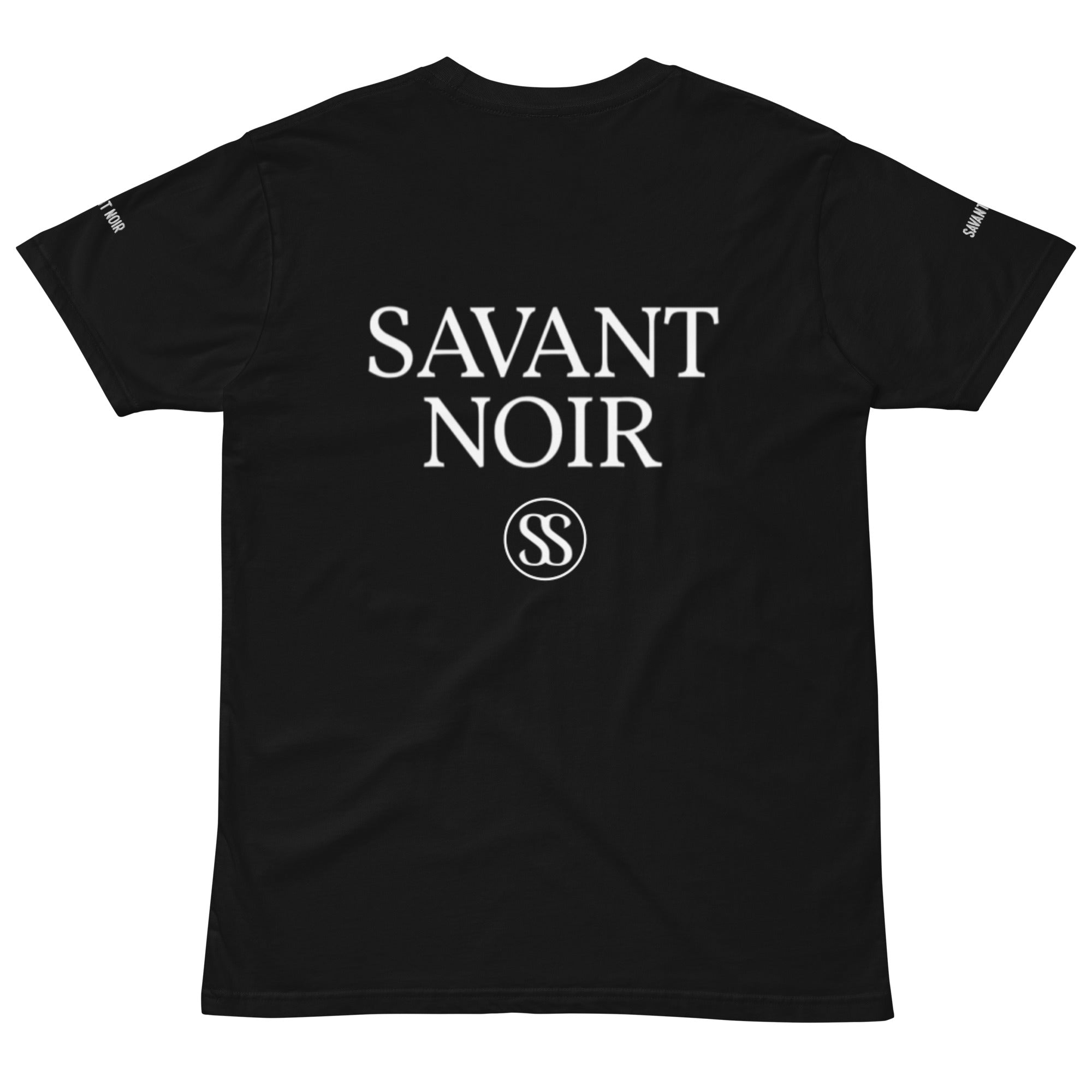 SAVANT NOIR luxury black t shirt with white branding on back and sleeves
