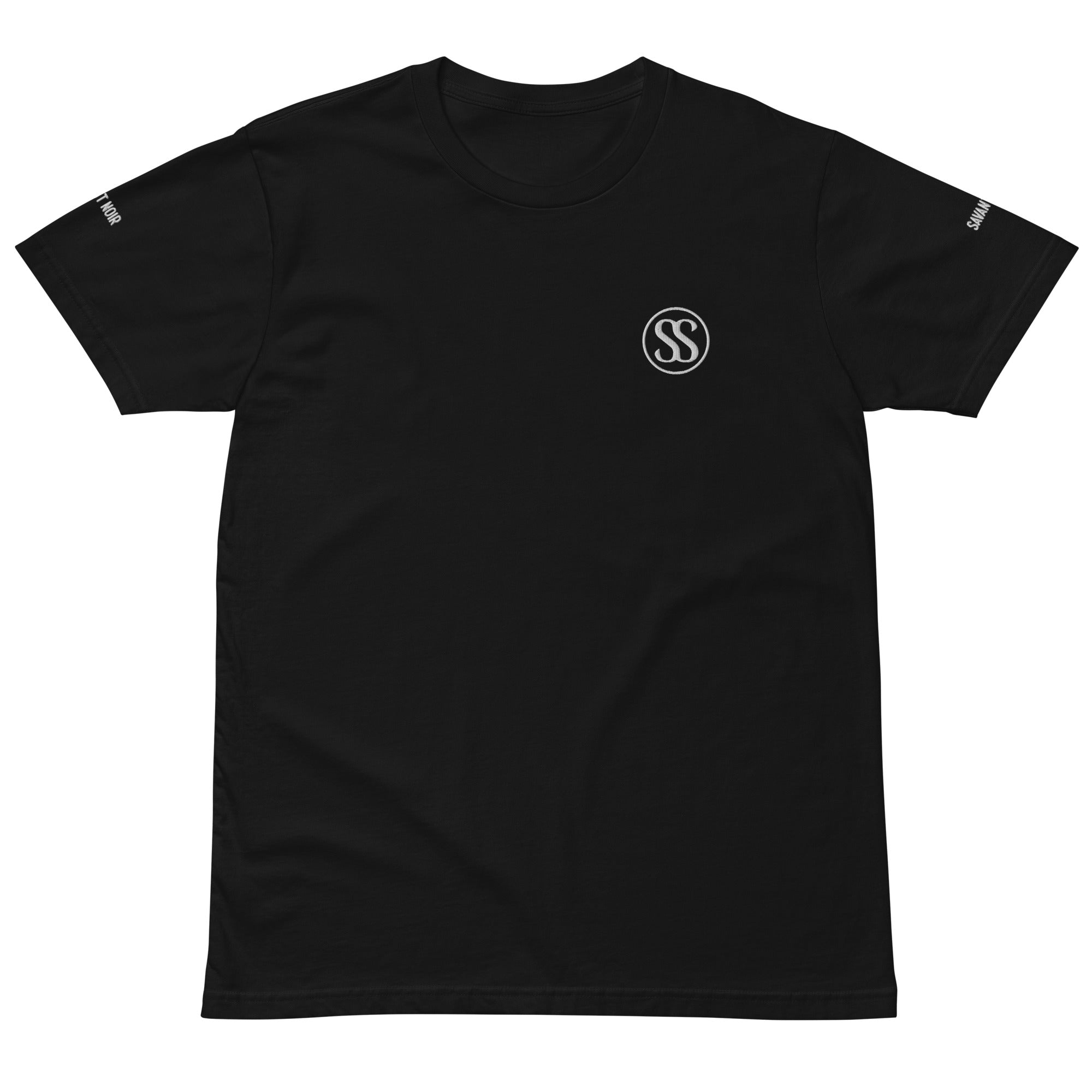 SAVANT NOIR luxury black t shirt with subtle logo on chest and sleeve in classic fit
