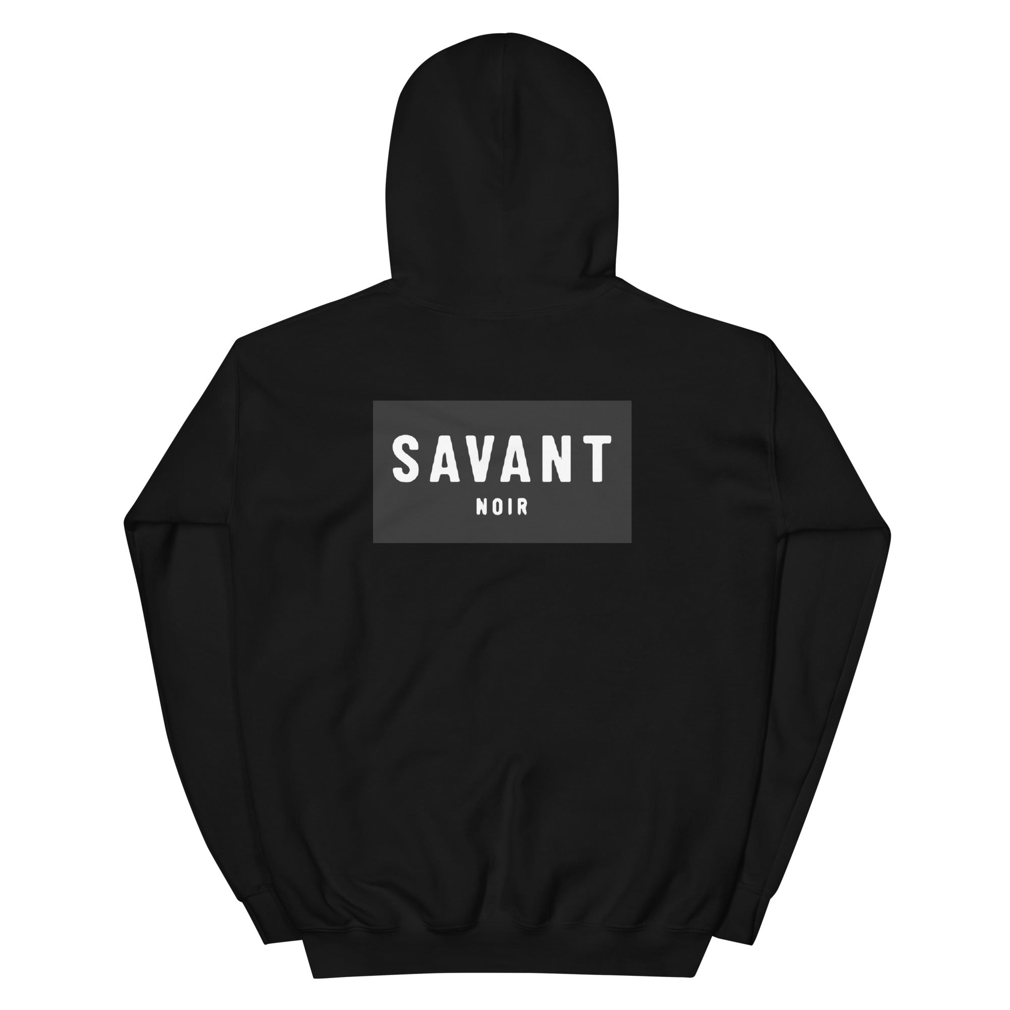 SAVANT NOIR black luxury streetwear hoodie with bold white logo on back and hood