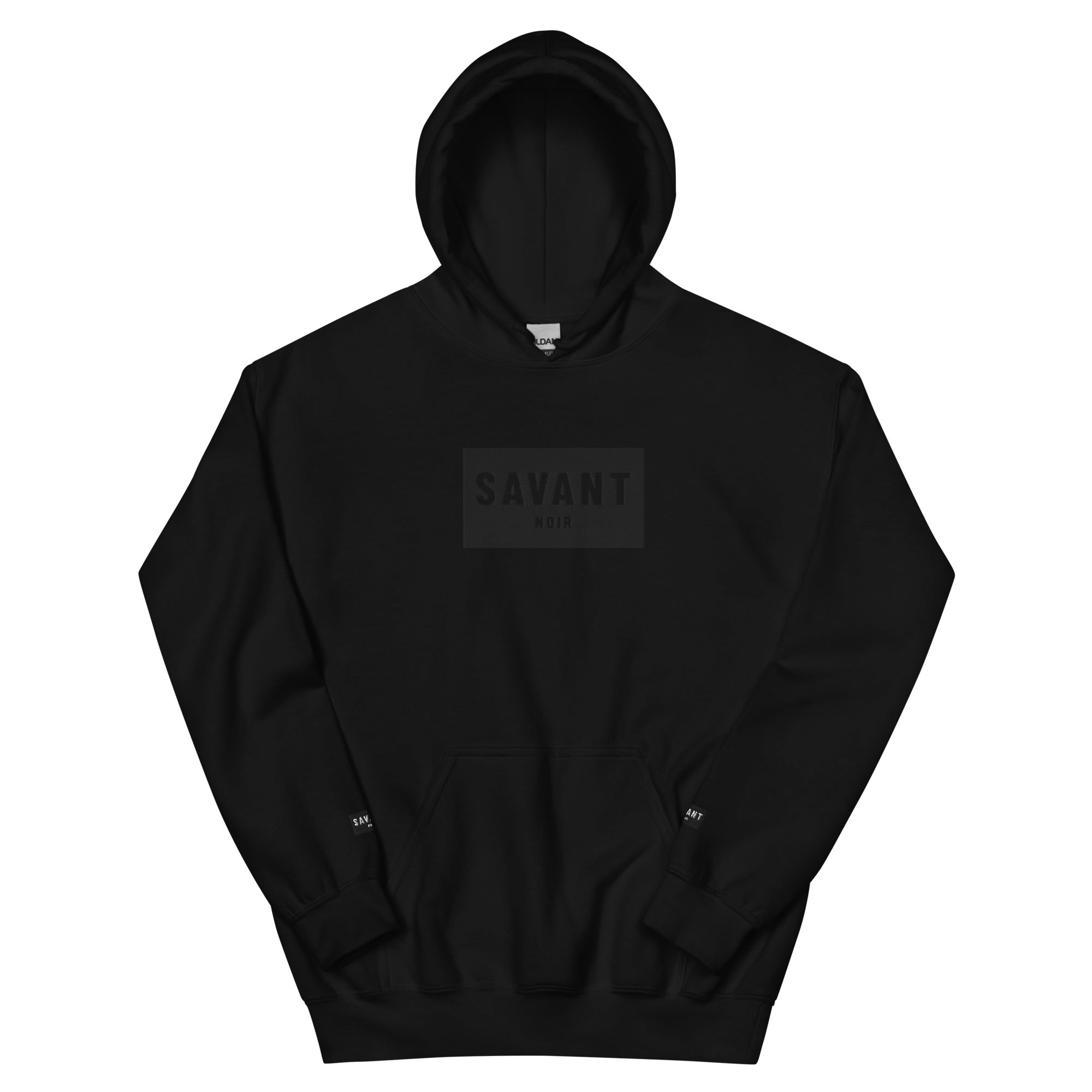 SAVANT NOIR black luxury streetwear hoodie with front pocket and subtle logo design