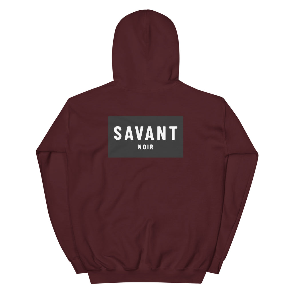 SAVANT NOIR luxury streetwear hoodie in maroon with bold logo on the back
