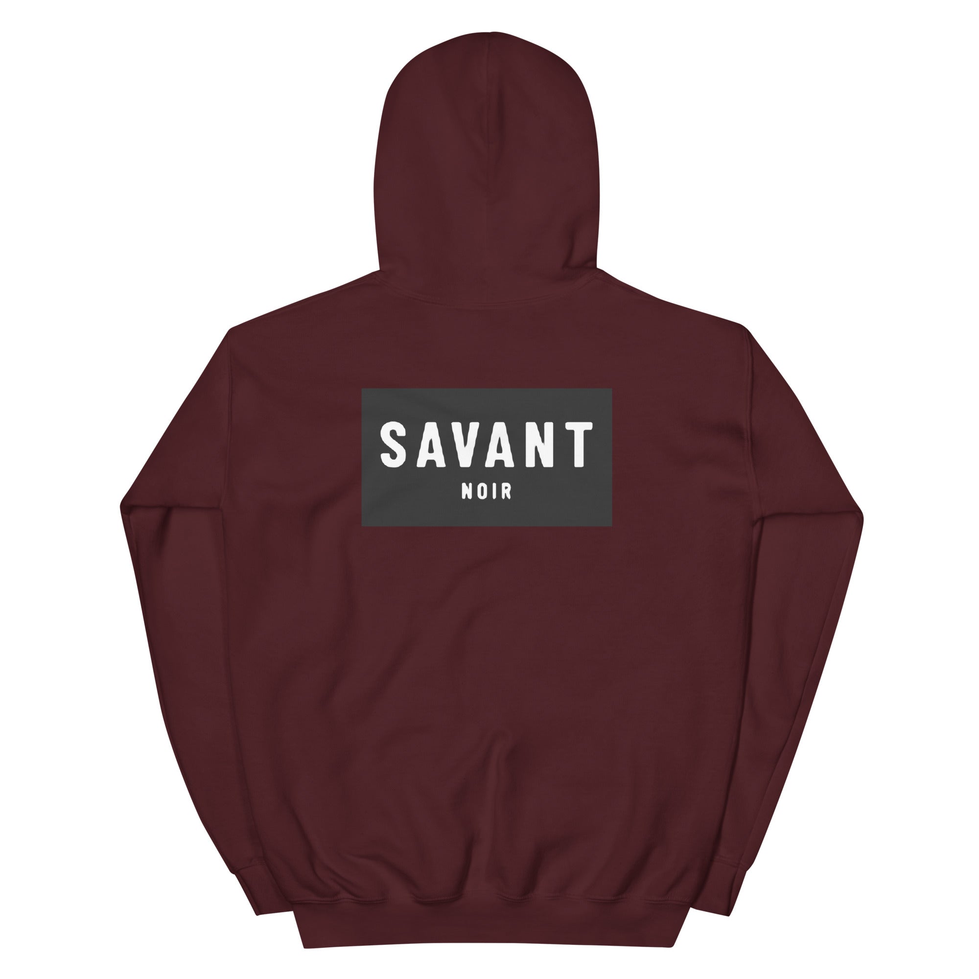 SAVANT NOIR luxury streetwear hoodie in maroon with bold logo on the back