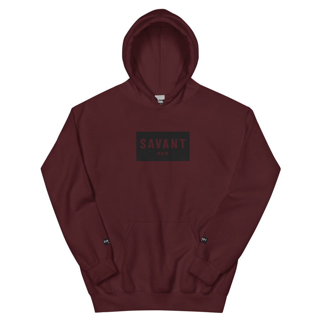 SAVANT NOIR maroon luxury streetwear hoodie with black logo print and front pocket