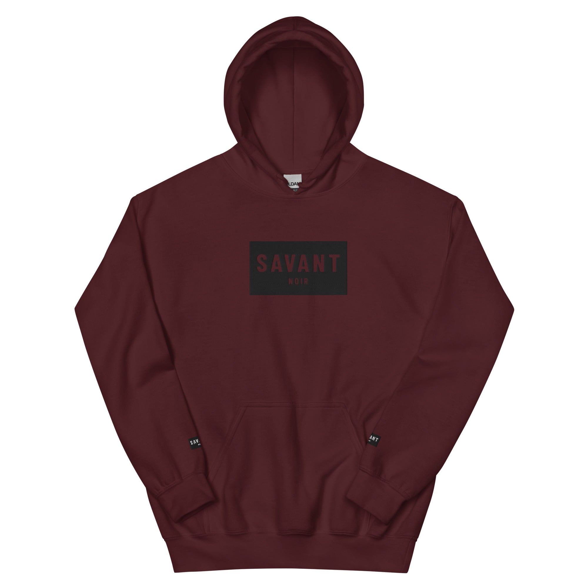 SAVANT NOIR maroon luxury streetwear hoodie with black logo print and front pocket