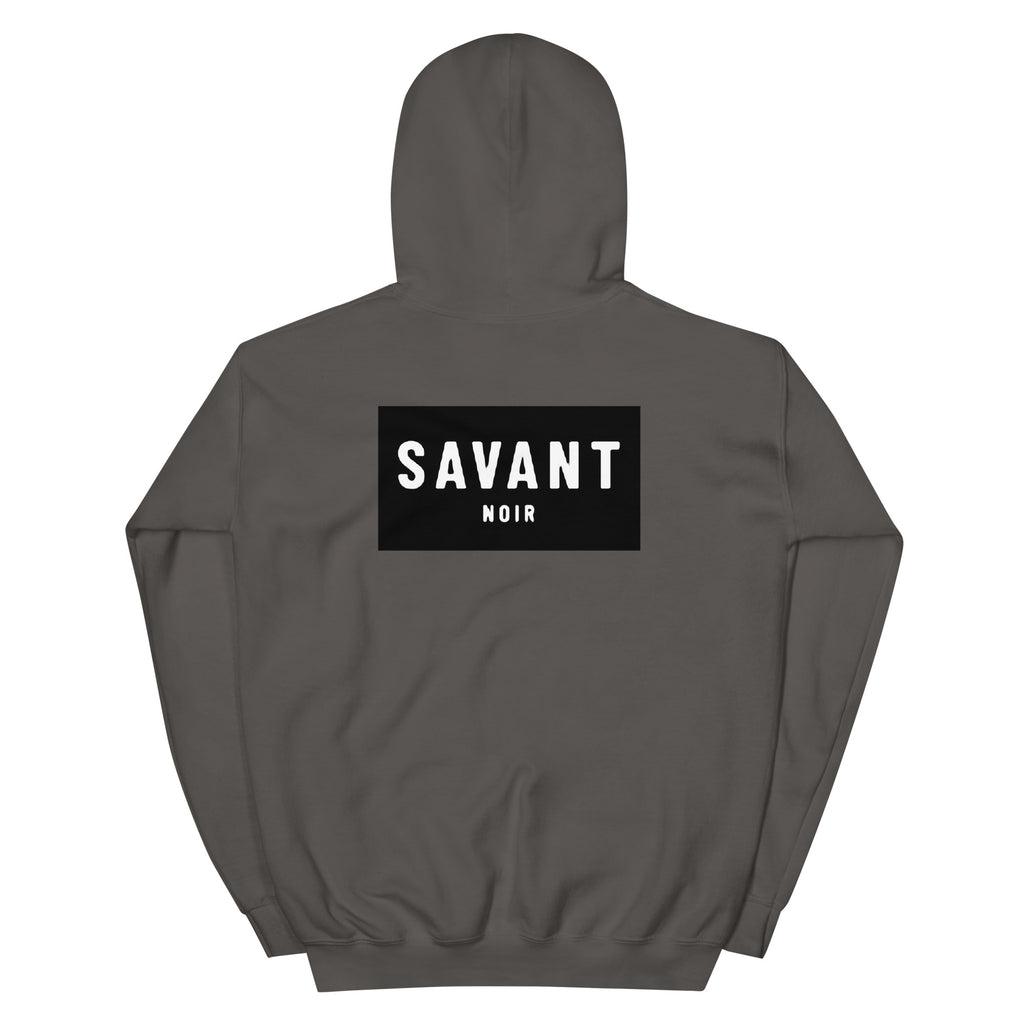 SAVANT NOIR luxury streetwear hoodie in dark color with bold logo on the back