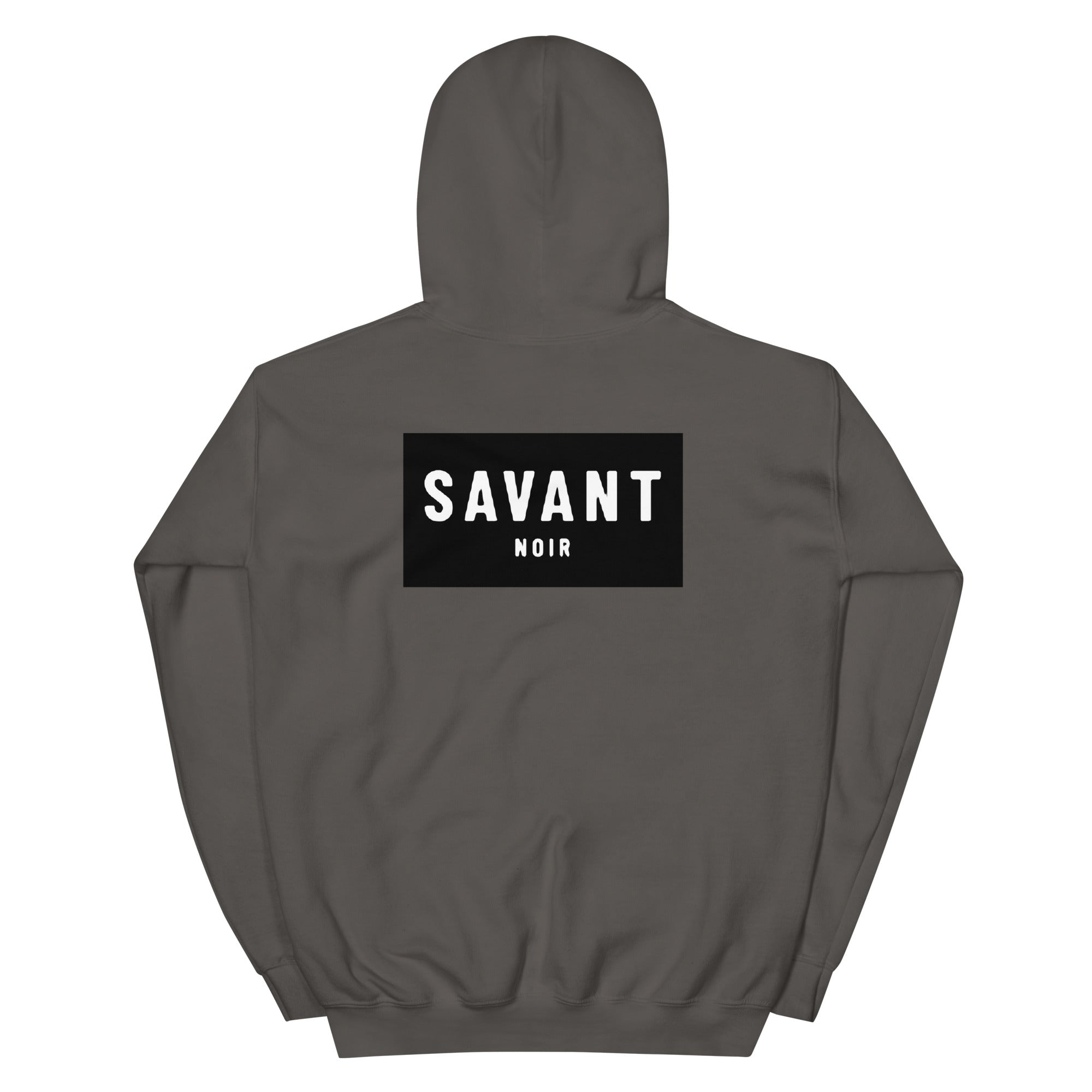 SAVANT NOIR luxury streetwear hoodie in dark color with bold logo on the back