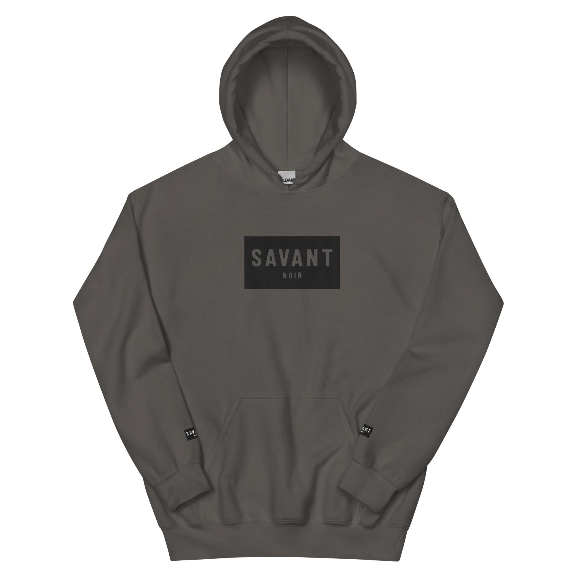 SAVANT NOIR luxury streetwear hoodie in dark gray with black logo print and front pocket