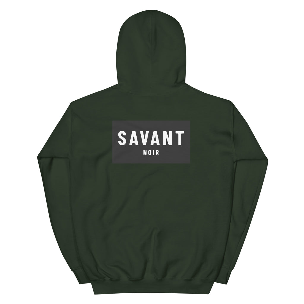 SAVANT NOIR dark green luxury streetwear hoodie with bold logo print on back