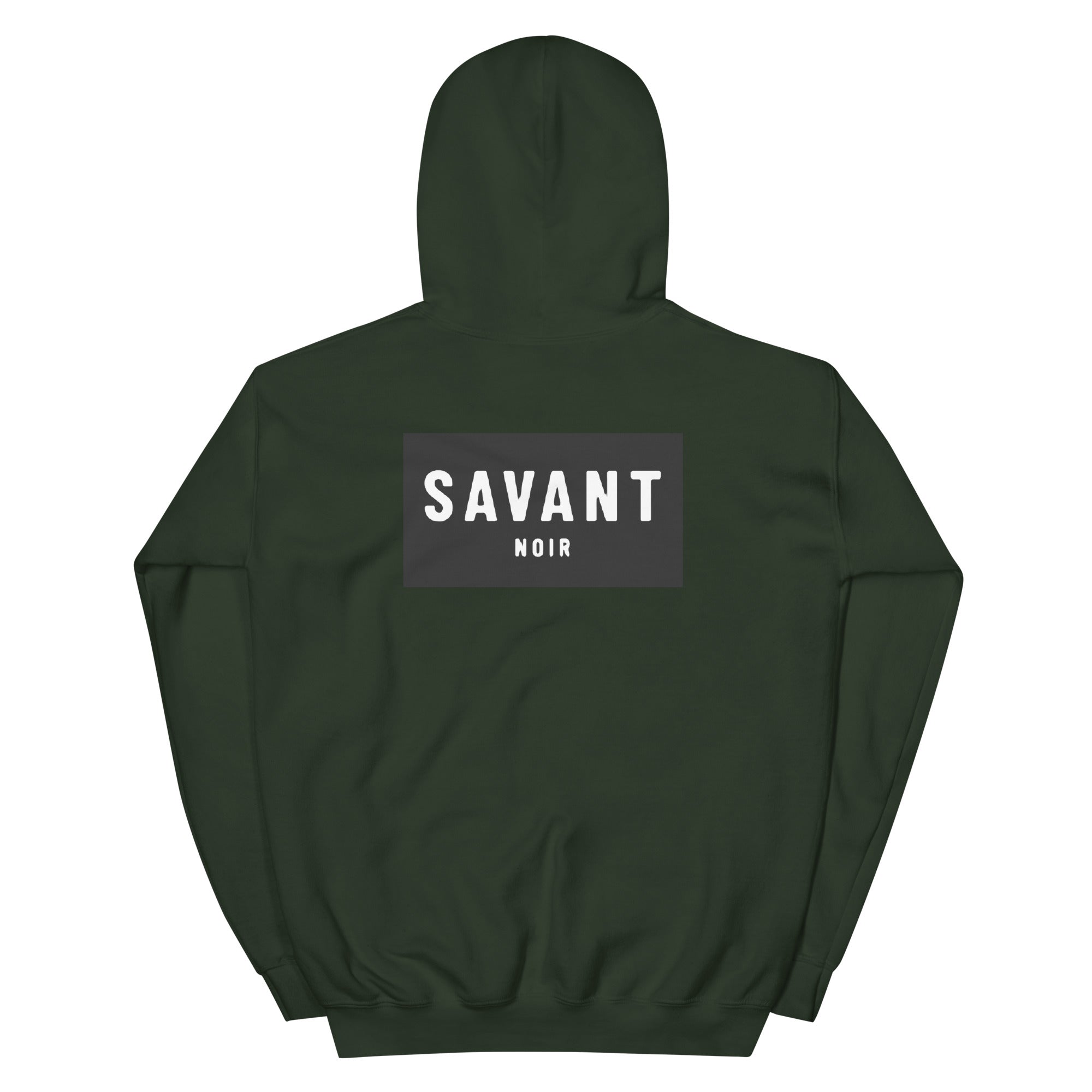 SAVANT NOIR dark green luxury streetwear hoodie with bold logo print on back
