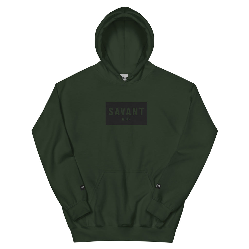 SAVANT NOIR dark green luxury streetwear hoodie with front black logo patch and kangaroo pocket