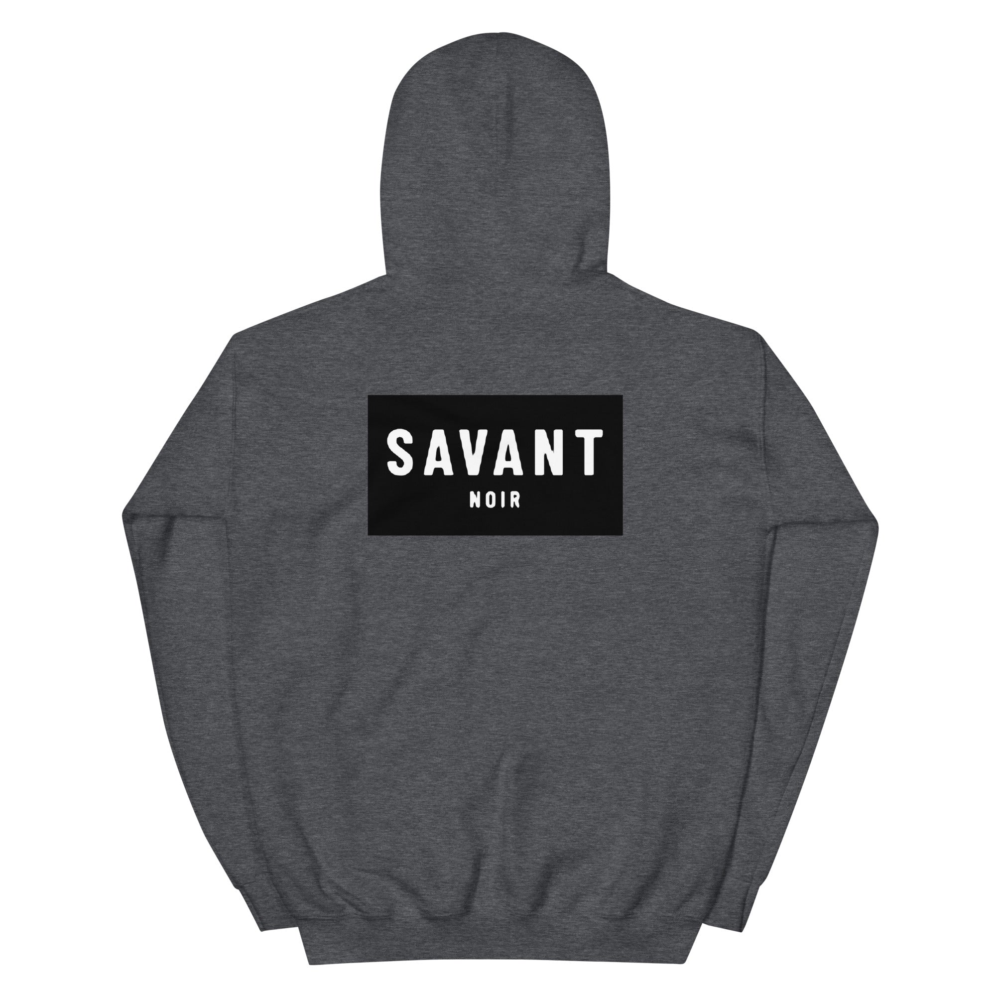 SAVANT NOIR gray luxury streetwear hoodie with black and white logo on the back