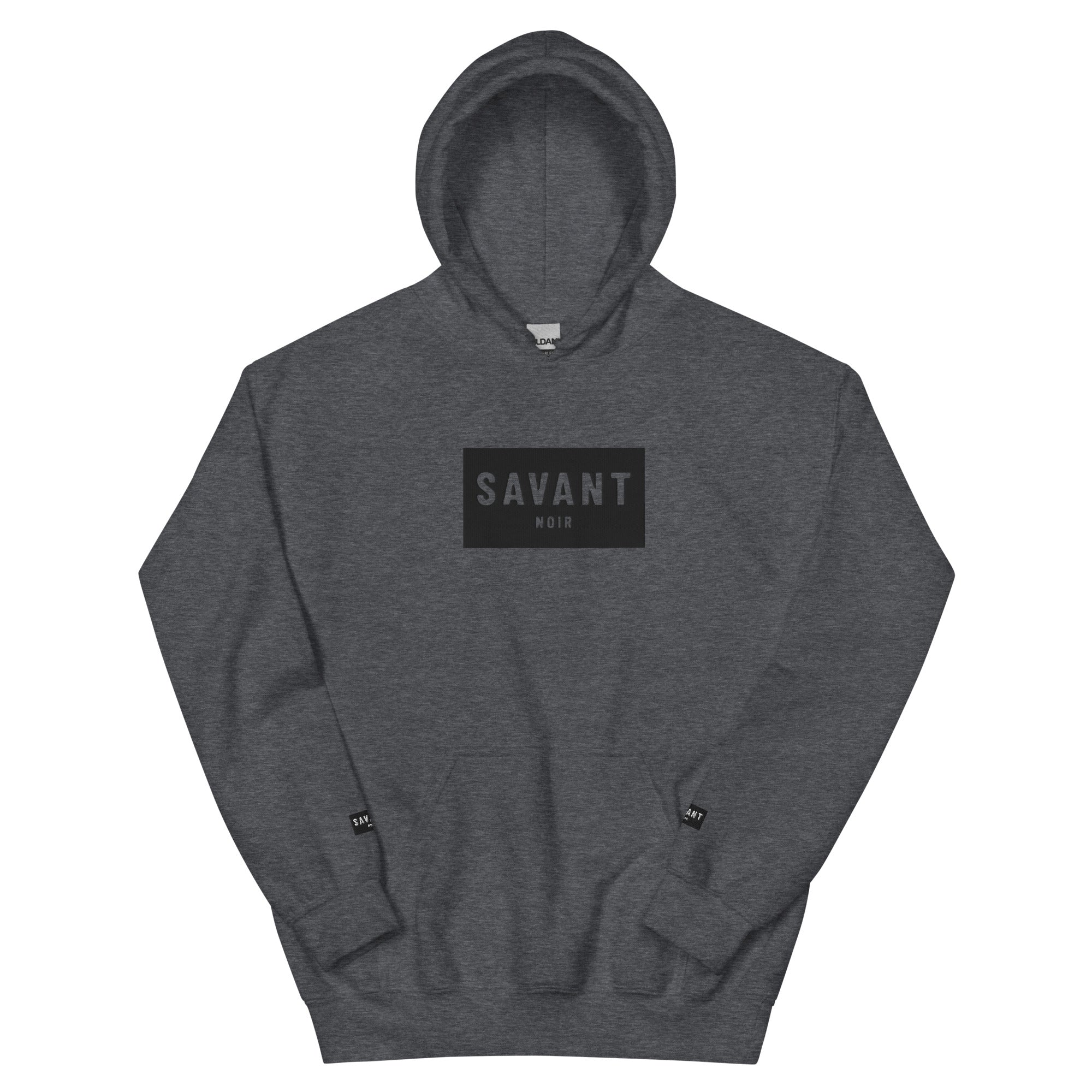 SAVANT NOIR gray luxury streetwear hoodie with black logo on chest and front pocket