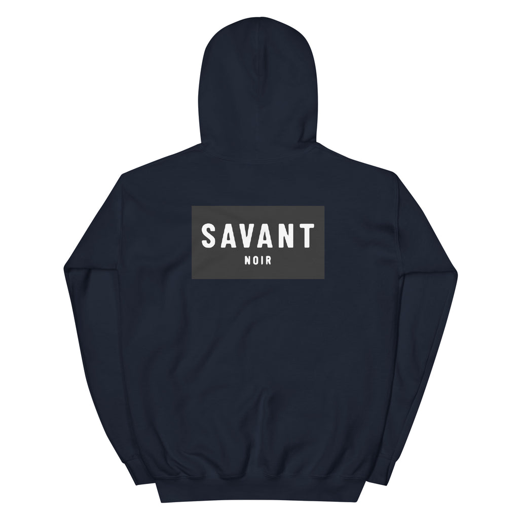 SAVANT NOIR navy blue luxury streetwear hoodie with bold logo print on back