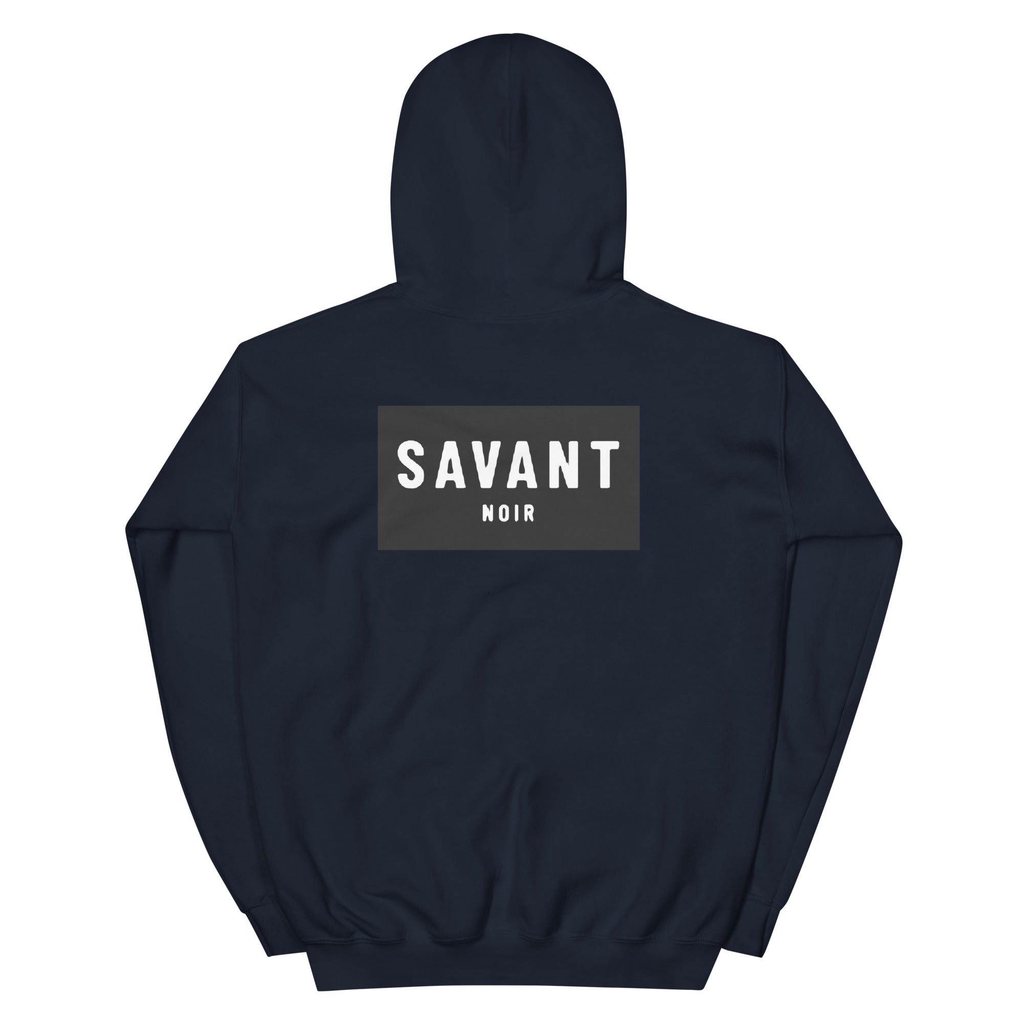 SAVANT NOIR navy blue luxury streetwear hoodie with bold logo print on back