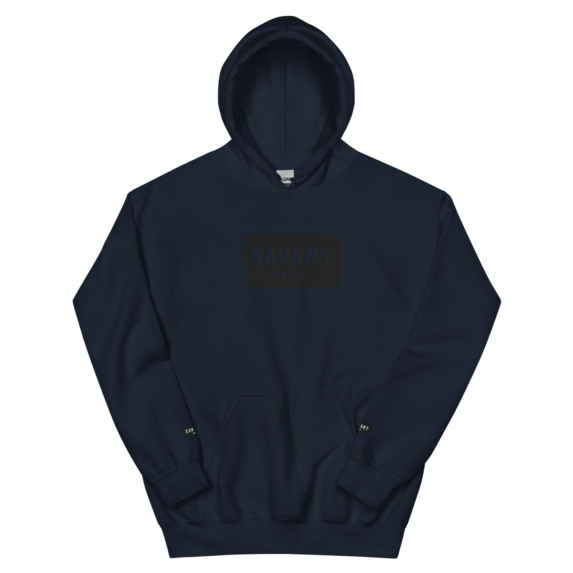 SAVANT NOIR navy blue luxury streetwear hoodie with front logo and kangaroo pocket