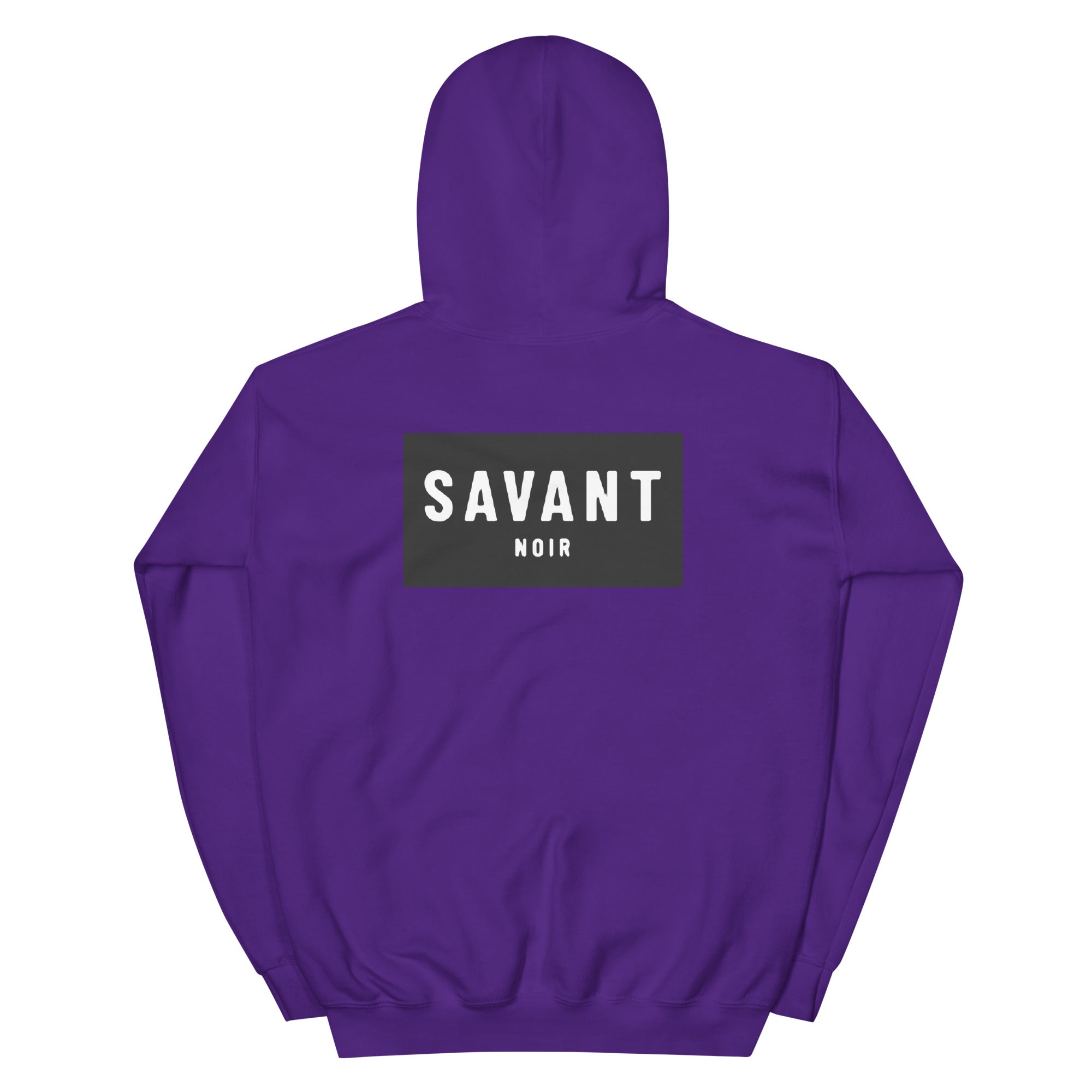 Purple SAVANT NOIR luxury streetwear hoodie with branded logo print on back and hood