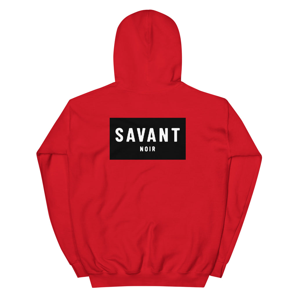 Red luxury streetwear hoodie by SAVANT NOIR with black logo patch on the back